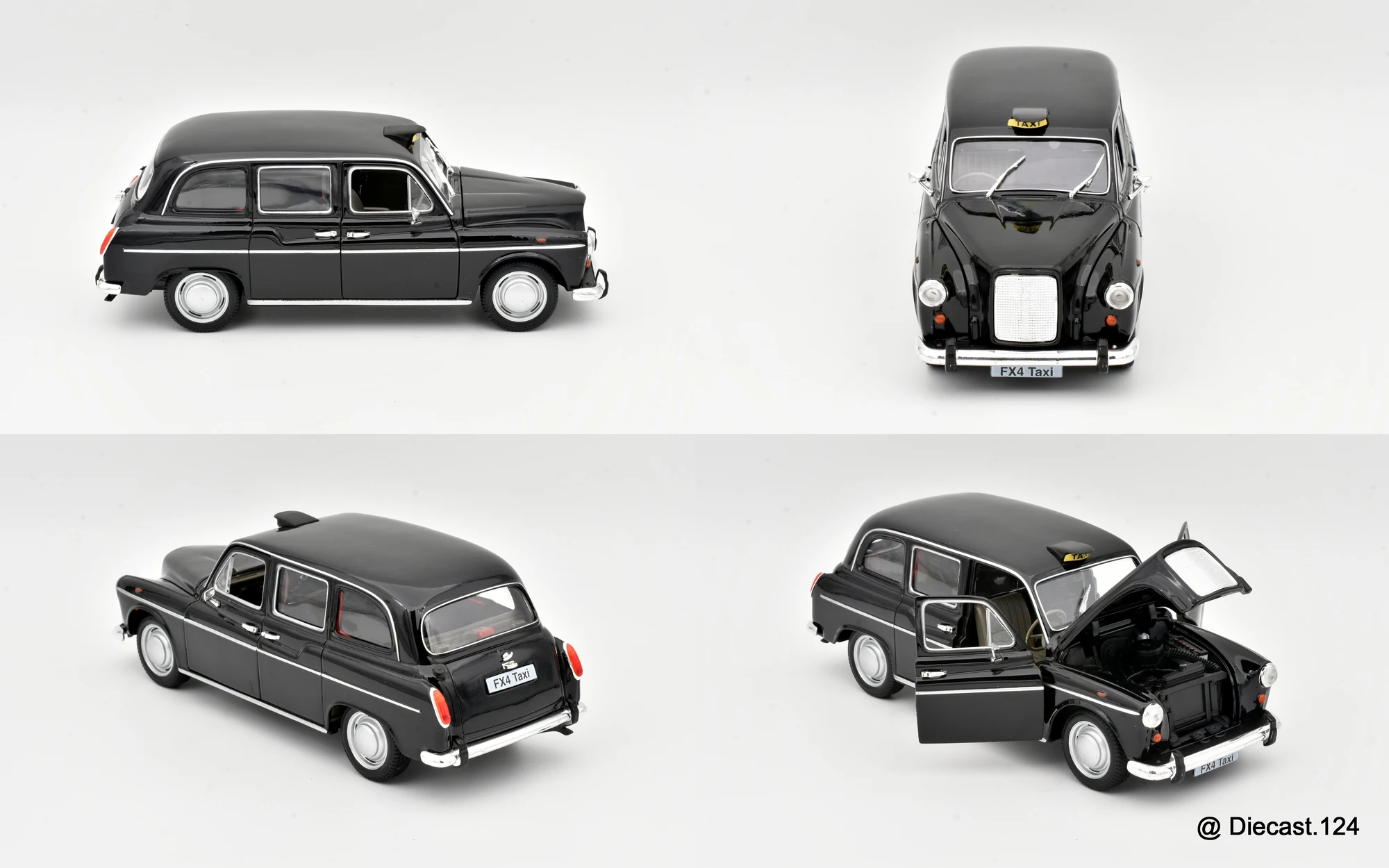 Four views of Austin FX4 London Taxi